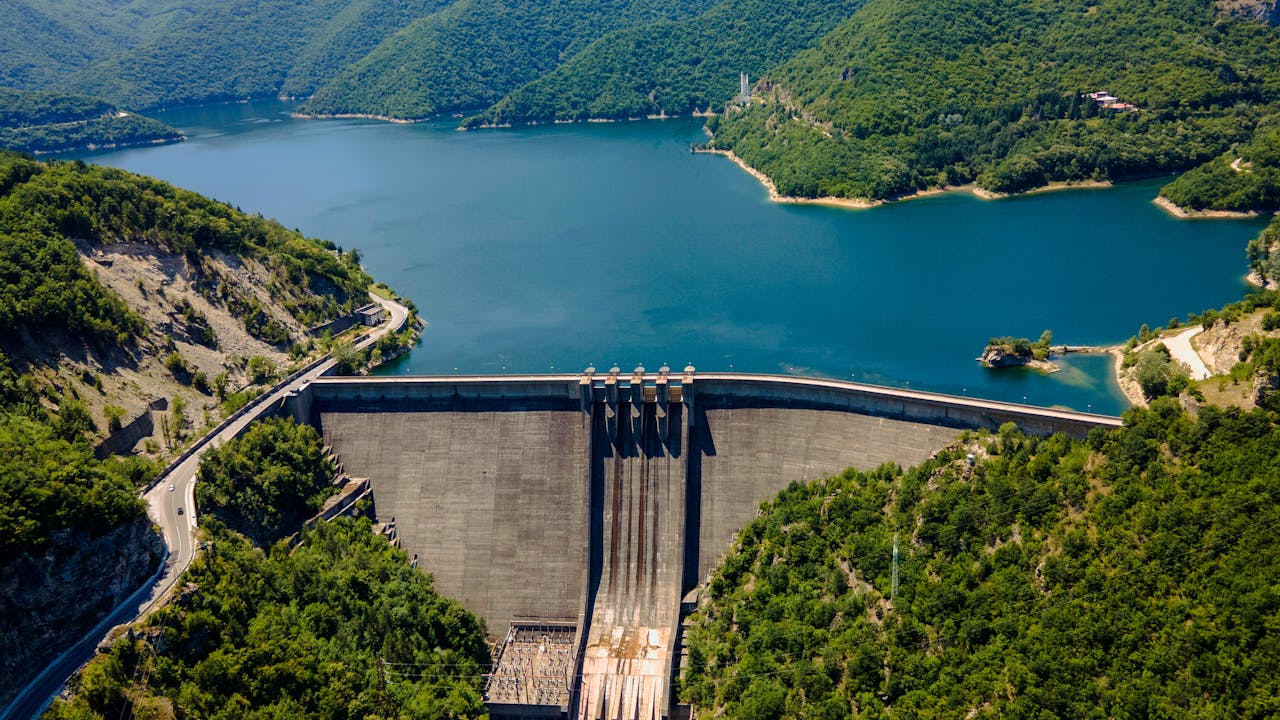 Aerial View of the Water Dam in Vacha Reservoir, Bulgaria